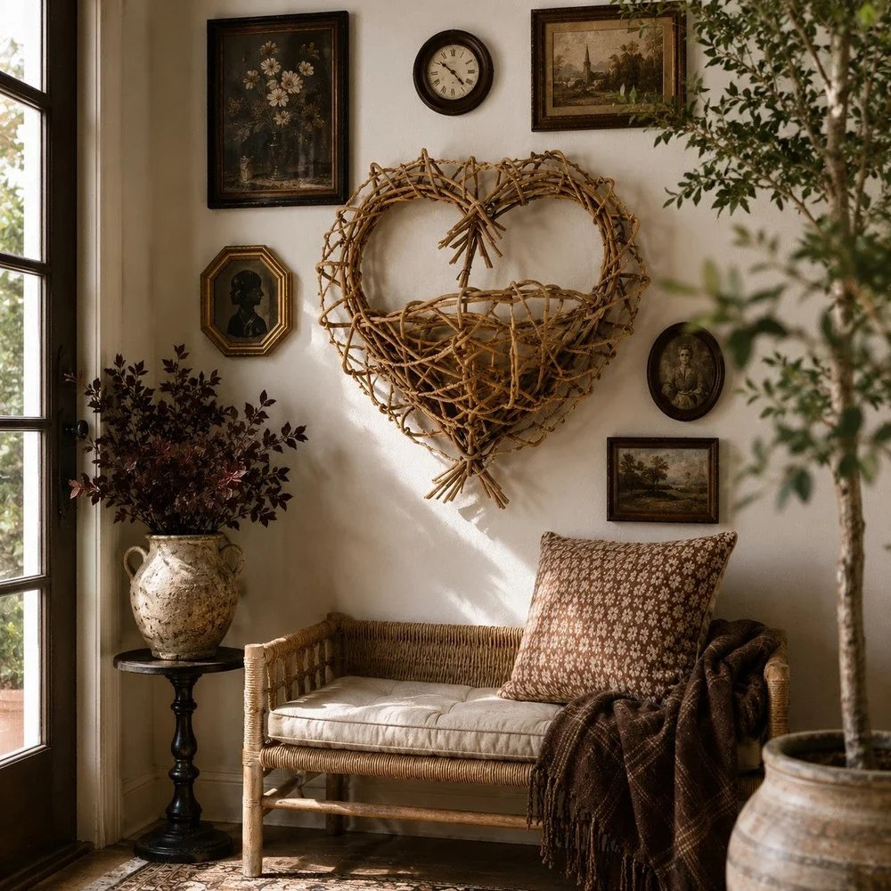 Vintage Heart Shaped Grapevine Wall Basket Rustic Woven Willow Pocket Decor 18in